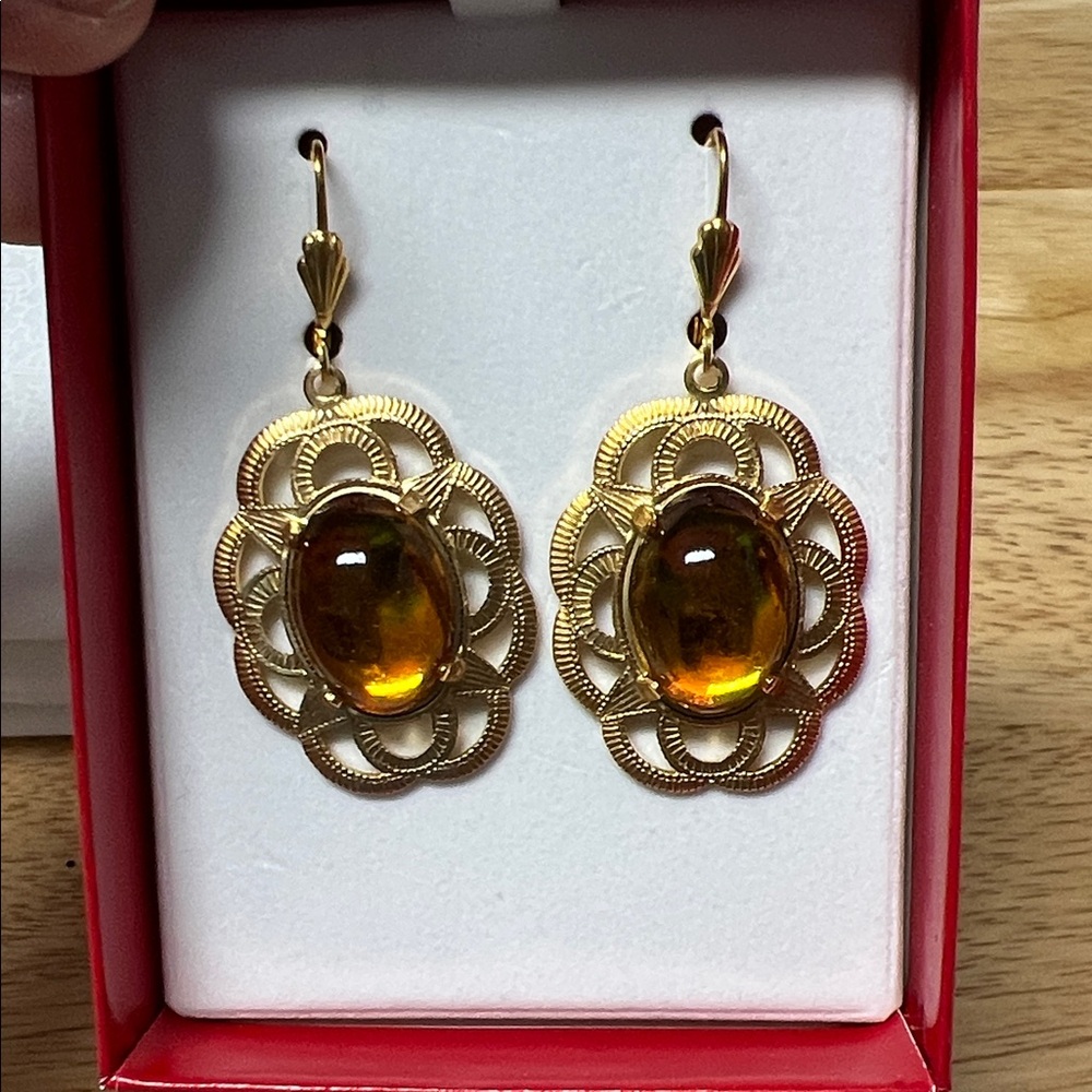 Gold-Tone Amber Austrian Crystal Drop Earrings - Elegant Floral Motif